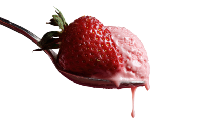 A spoonful of strawberry ice cream, a fresh ripe strawberry resting on top. Melted ice cream drips down the spoon