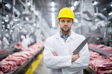 Confident butcher in a hard hat holding a knife at a meat factory.