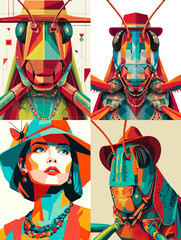 Creative pop art vector illustration of grasshoppers and a woman in hats, featuring bold colors and geometric polygon style. Unique modern artwork.