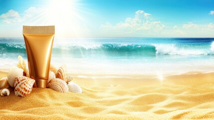 Sun kissed golden lotion tube with assortment seashells at tranquil beachfront horizon