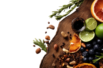 Assorted fruits, nuts, and spices on a wooden board (1)