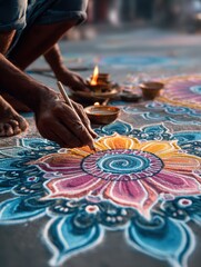 Naklejka premium hand making rangoli art with vibrant sand hand making rangoli art with colorful patterns hand making rangoli art for indian festival