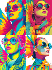 Stylish pop art illustration of fashionable women with sunglasses and colorful wing patterns. Bold geometric design in vibrant modern art style.