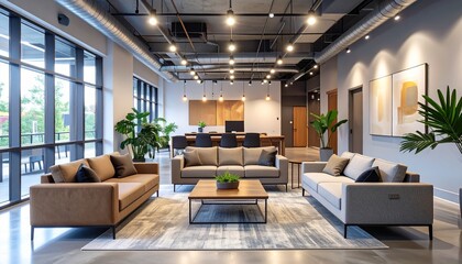 A spacious, modern, and stylish open-plan lounge area with comfortable sofas, coffee tables, lush plants, and a dining space in a contemporary building.