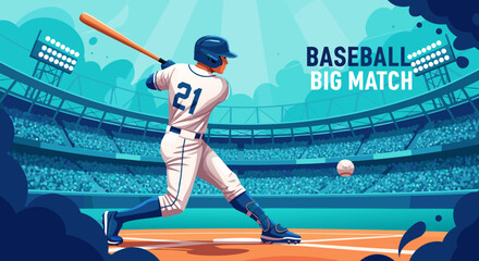 Vector SVG Illustration of Baseball Player Swinging Bat in Modern Flat Style with Blue and White Colors for Sports Icon and Digital Media