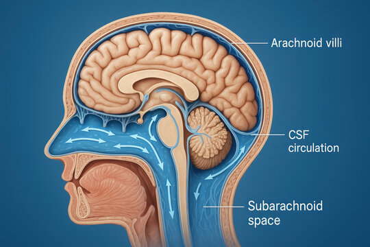 Human Brain Anatomy Illustration: CSF Circulation, medical illustration