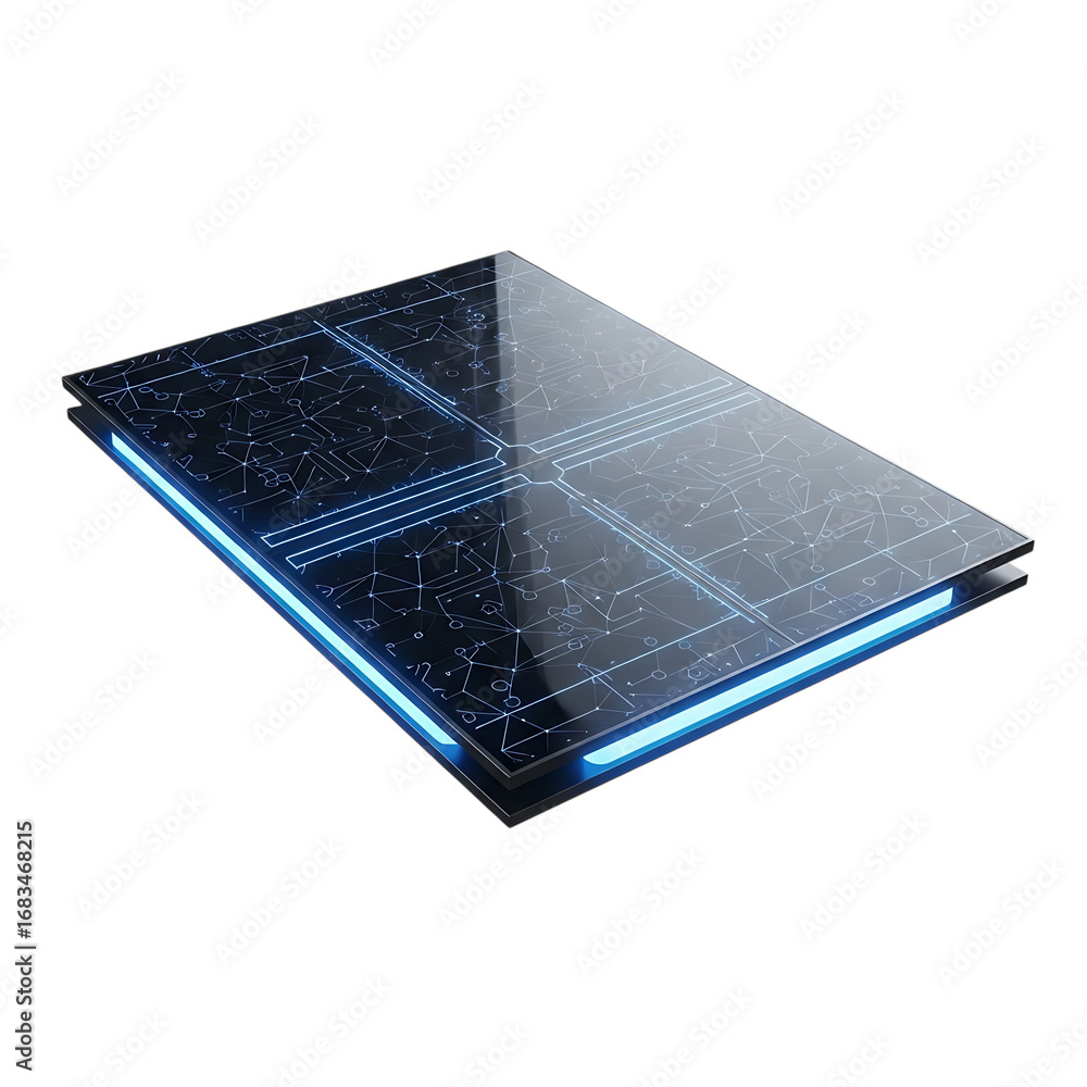 Poster futuristic holographic display projector with glowing blue edges and circuit board patterns creating