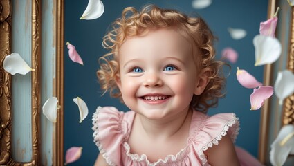A delighted toddler girl, adorned in a pretty pink dress, beams brightly with joyful expression, surrounded by fluttering rose petals.