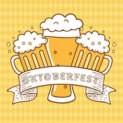 A festive, hand-drawn design for the German Oktoberfest. Features three frothy beer mugs and a decorative ribbon on a warm yellow and white pattern background.