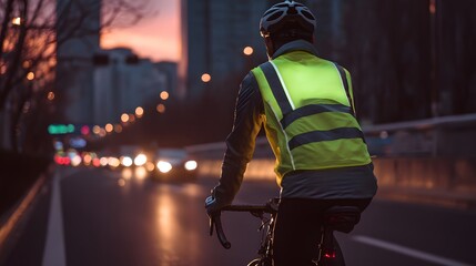 Cyclist Safety Vest - A lightweight reflective vest designed for cyclists, worn by a biker riding along a city road at dusk. 