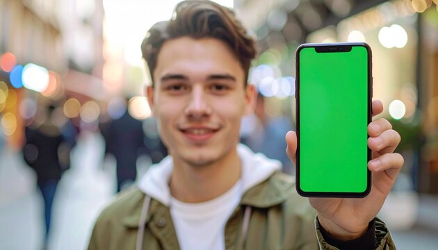 Smiling young man holding a smartphone with a green screen for content display in an urban outdoor setting. - Powered by Adobe