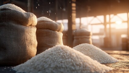 Bags of rice in a sunlit warehouse