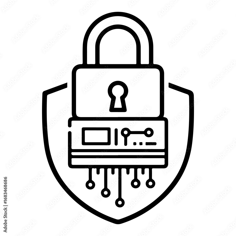 Aufkleber cybersecurity concept vector graphic featuring a padlock on a shield with circuitry elements