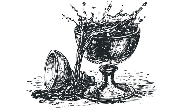 Sketch of liquid splashing from an ornate goblet on a white background. Vector hand drawn illustration
