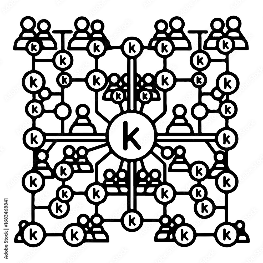 Aufkleber abstract network of connected people and 'k' nodes representing a decentralized social or business s