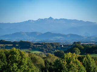 View from Chateau D'Orion of the Pyrenees panorama with the Pic d'Anie peak at an altitude of 2504m.
