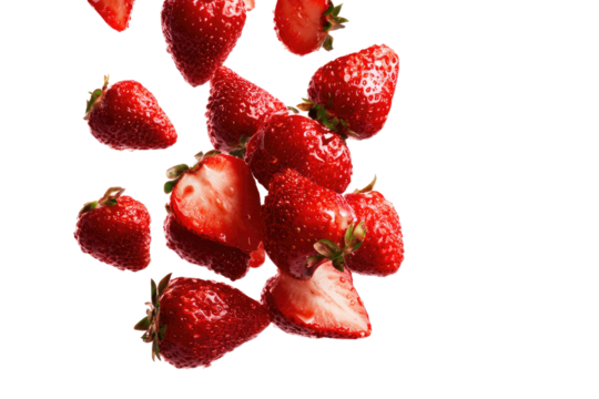 Fresh strawberries falling in mid-air