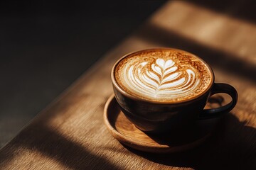Cup of cappuccino with latte art in sunlight wallpaper