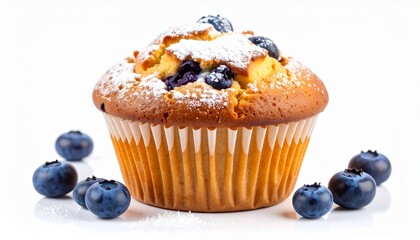 Delicious Blueberry Muffin with Powdered Sugar and Fresh Berries on White Background