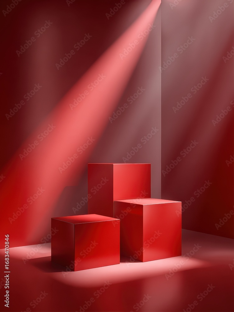 Poster glossy red podiums set in a corner with light beams creating a minimalistic and modern design space 
