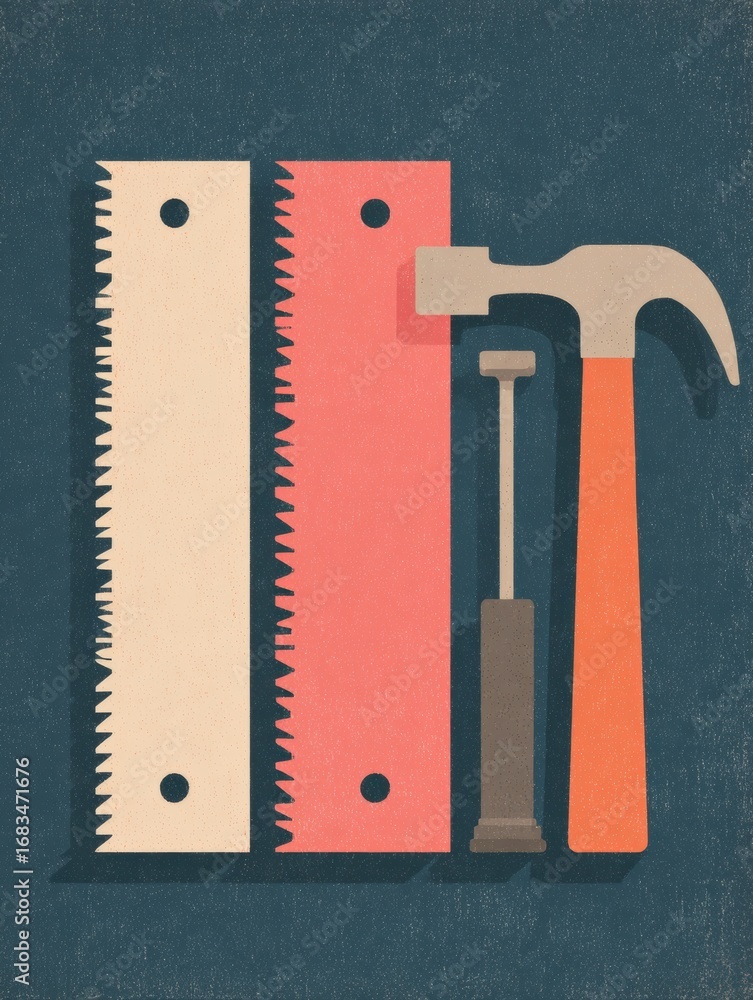 Poster two saws and a hammer arranged on a dark textured surface, illustrating essential tools for various 