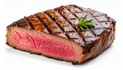 Juicy Grilled Steak with Rosemary on White Background, Close-Up View