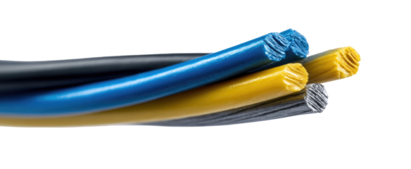 Close-up of a three-conductor electrical cable with blue, yellow, and gray insulated wires