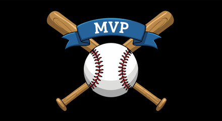 Sports Icon Vector SVG Illustration Featuring Baseball Bat and Ball in Flat Modern Style with Blue MVP Banner