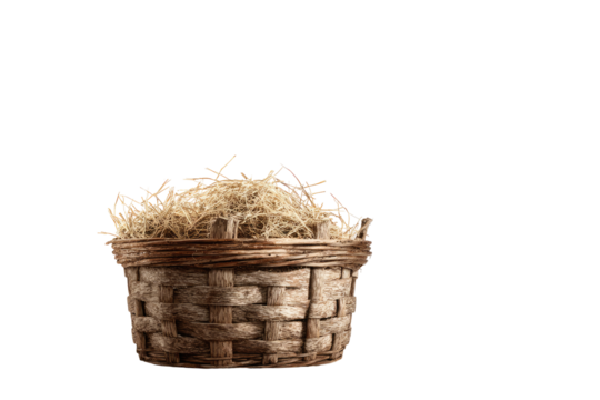 A wicker basket filled with hay