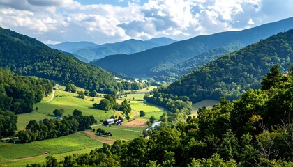 A tranquil valley nestled amongst rolling hills, showcasing lush green meadows and forested slopes under a partly cloudy sky.