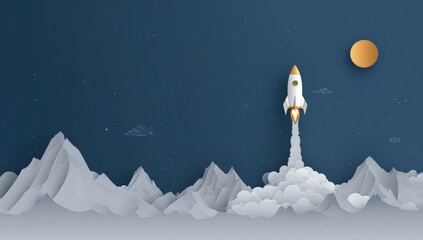 Rocket launch over mountain range at night