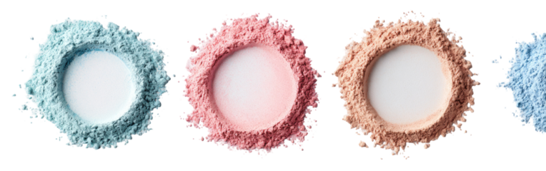 Four circular displays of loose powder, in light blue, pale pink, light peach, and light lavender