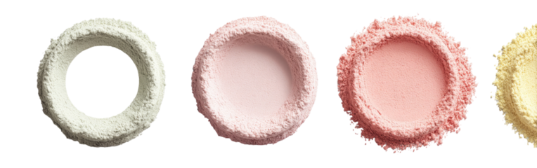 Four circular containers of loose powder, varying in color