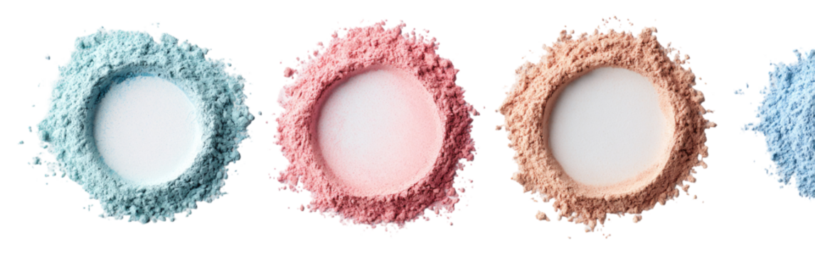 Four circular displays of loose powder, in light blue, pale pink, light peach, and light lavender