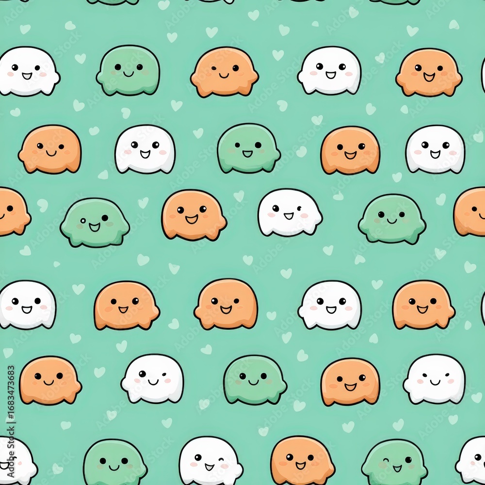 Poster playful colorful ghost characters in a repeating pattern design