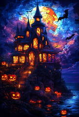Gothic Halloween Haunted House with Stained Glass Windows