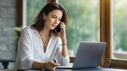 Women plan with a phone and laptop, the focused scene illuminated by soft light. Women, planning, with copy space