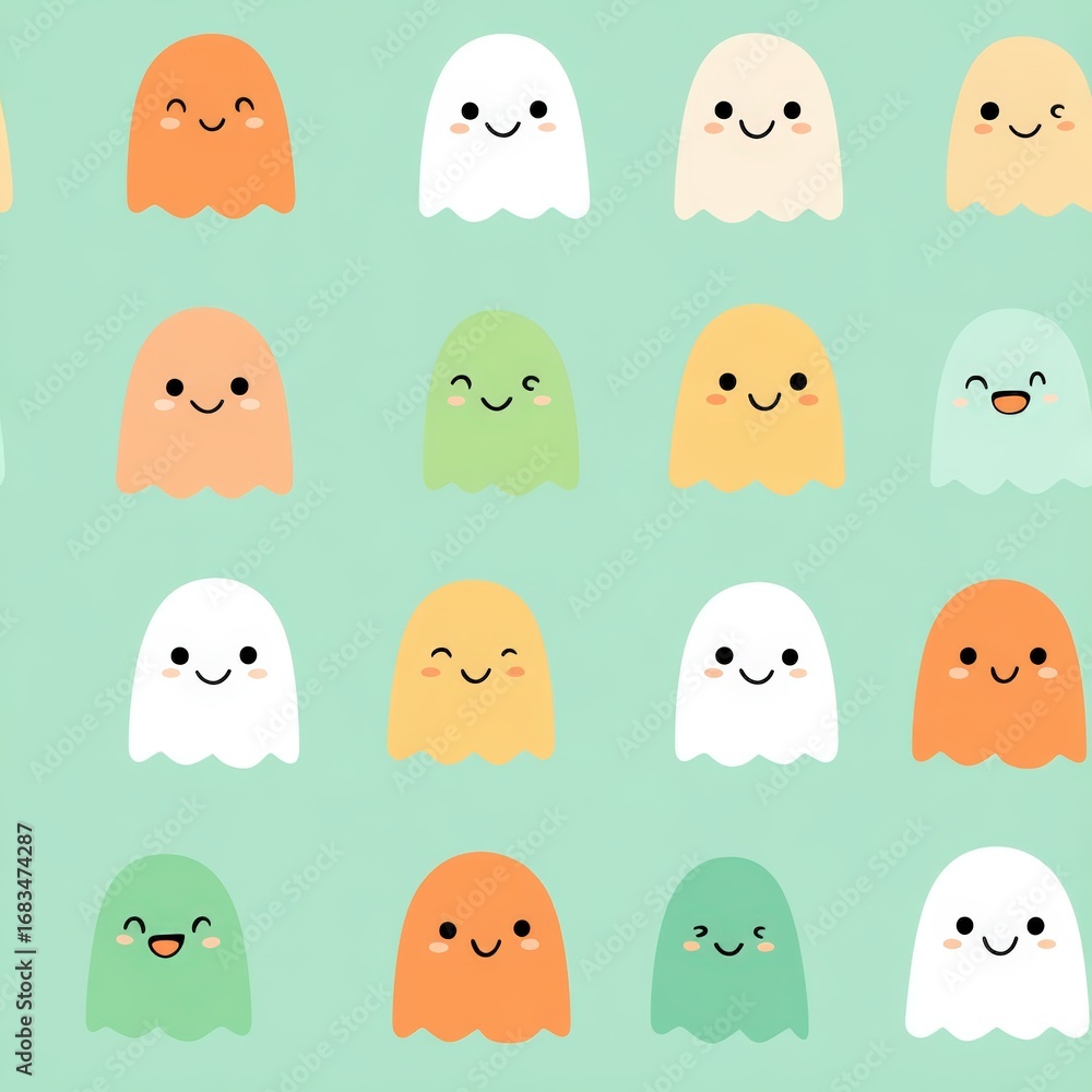Poster whimsical cute ghost characters on soft green background pattern