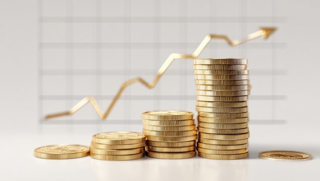Gold coins stacked in increasing columns against a chart showing an upward trend