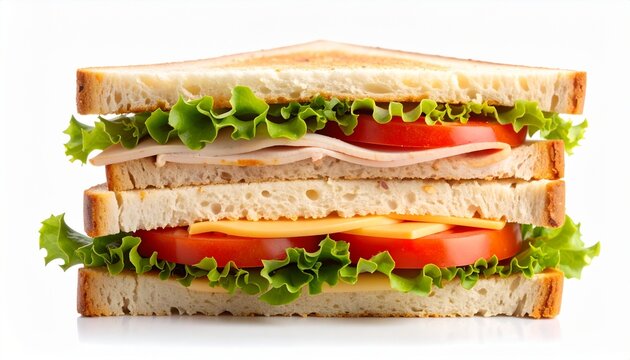 Classic club sandwich with turkey, cheese, lettuce, and tomato on toasted white bread, isolated on a white background.
