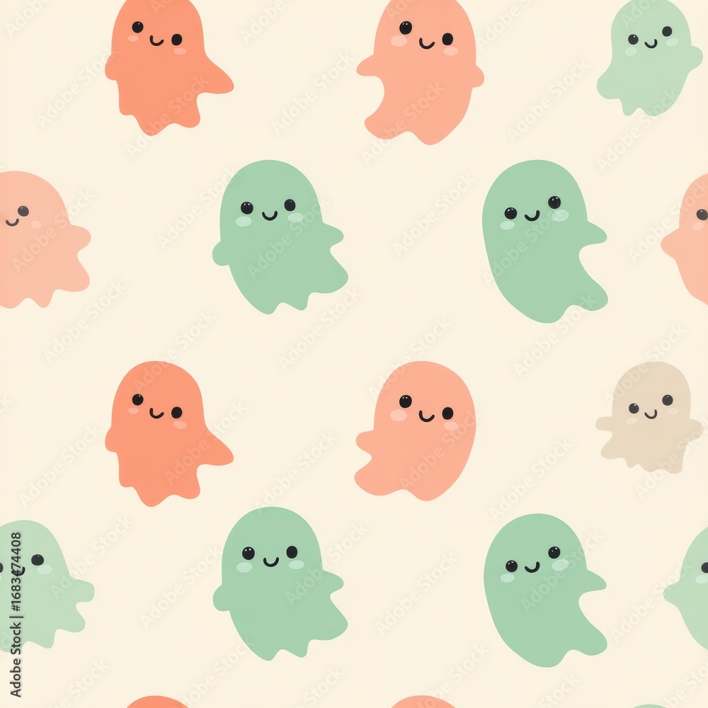 Poster cute colorful ghost characters on soft pastel background pattern