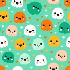 Fototapeta premium Cute Ghost Characters with Colorful Hearts on a Green Background