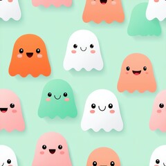 Obraz premium Cute Cartoon Ghosts with Happy Faces on Light Green Background