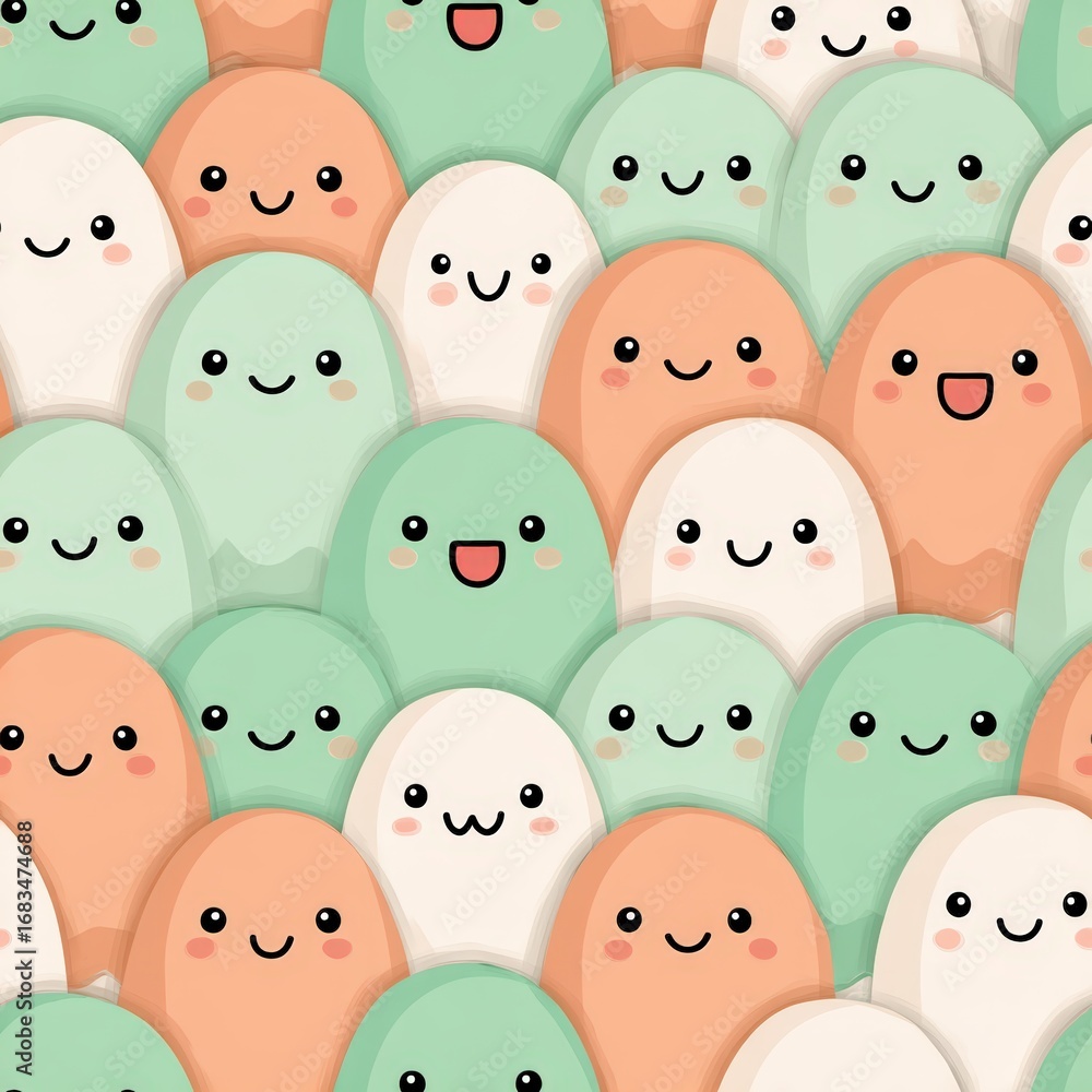 Poster cute pastel characters with smiles on a colorful background pattern