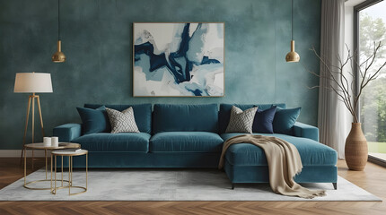 interior with blue sofa. 3d render illustration, scandinavian style