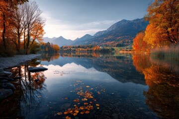 A crystal-clear autumn lake reflecting fiery colors of the surrounding foliage