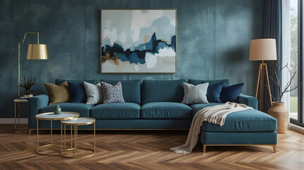interior with blue sofa. 3d render illustration, scandinavian style