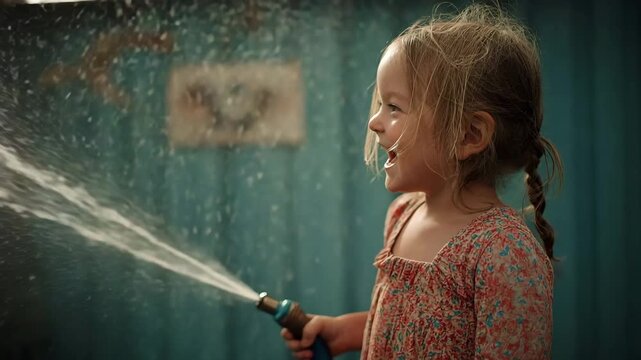 As she uses the water hose to squirt herself, the toddler laughs.