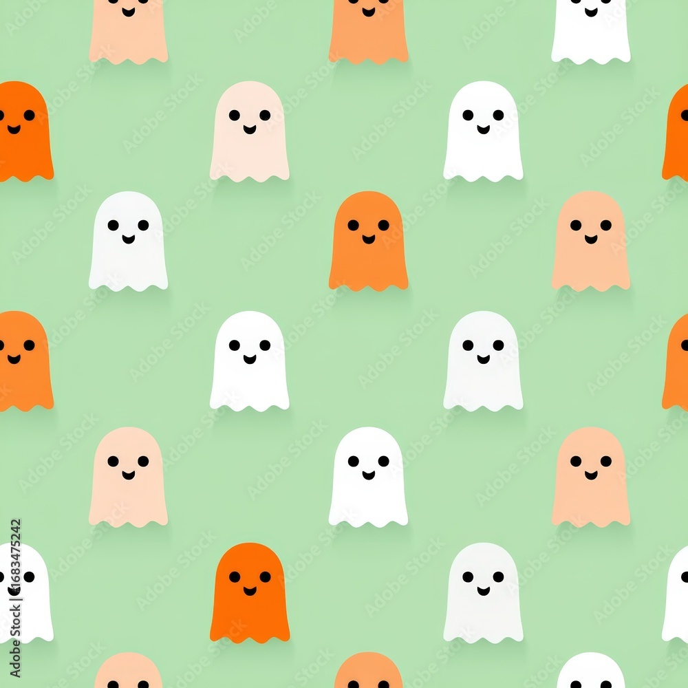 Poster playful pattern of colorful ghosts on soft green background