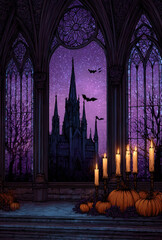 Gothic Halloween Haunted House with Stained Glass Windows
